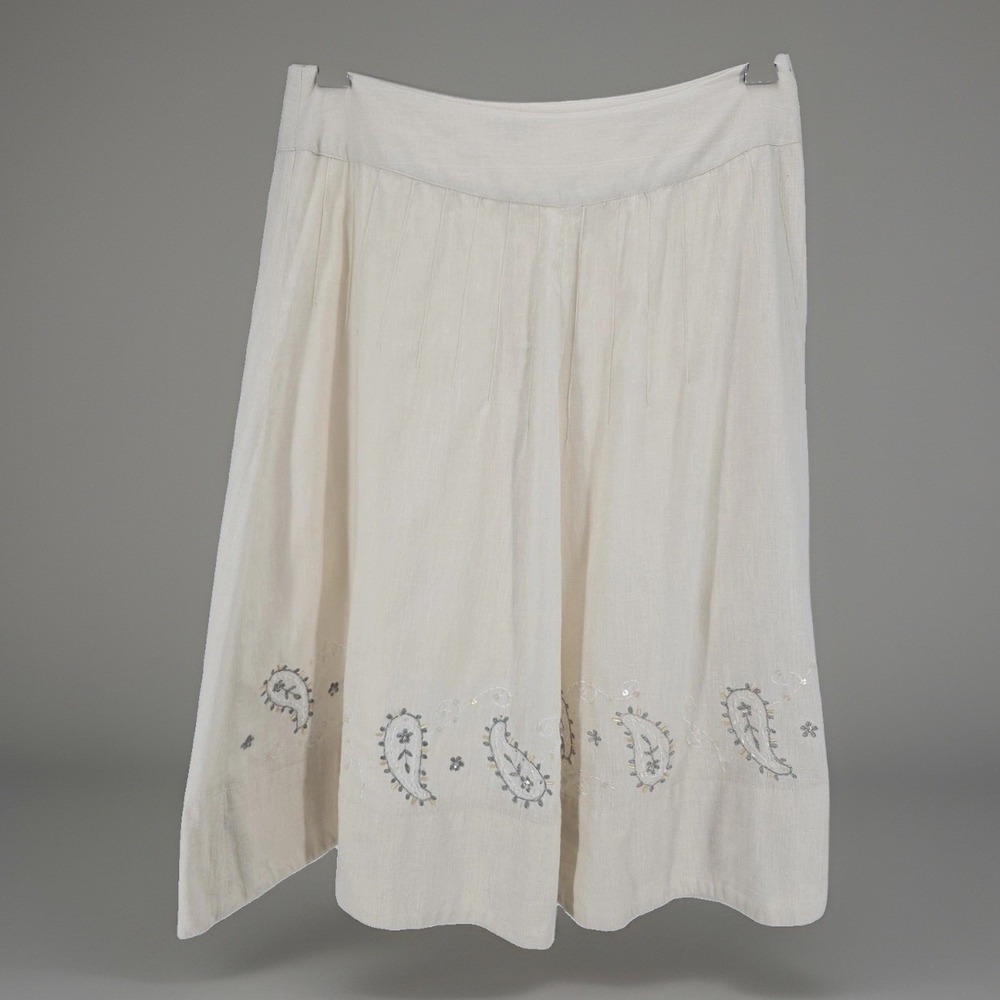 Fransa Ivory 100% Cotton Embroidered Paisley Midi Skirt Boho Cottagecore US 8